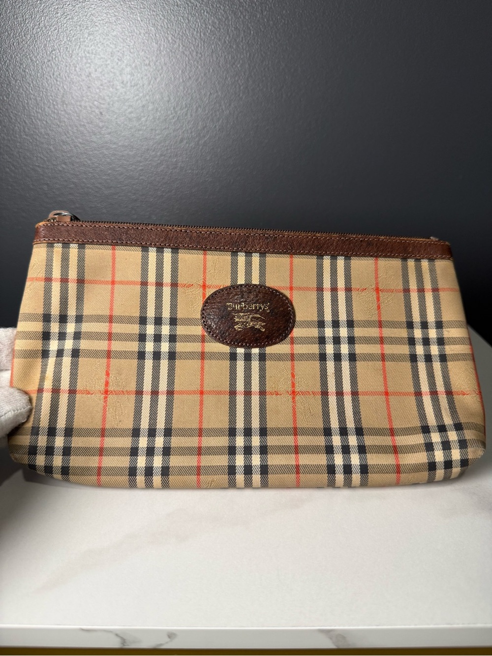 Burberry Beige Tartan Canvas Toiletry Pouch with Brown Trim